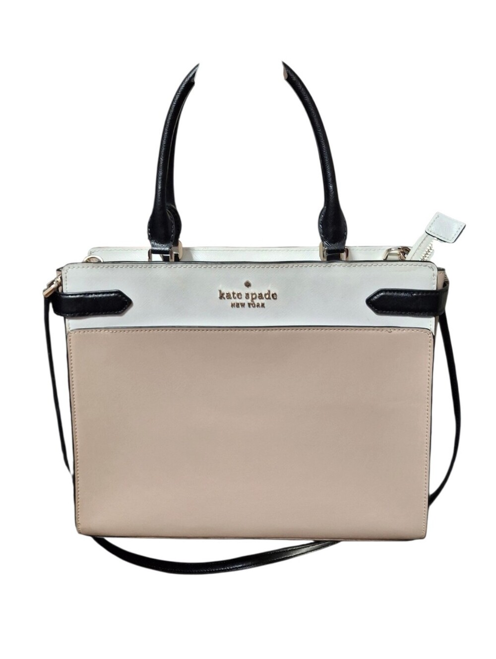 kate spade Beige, White & Black Leather Satchel With Crossbody Strap